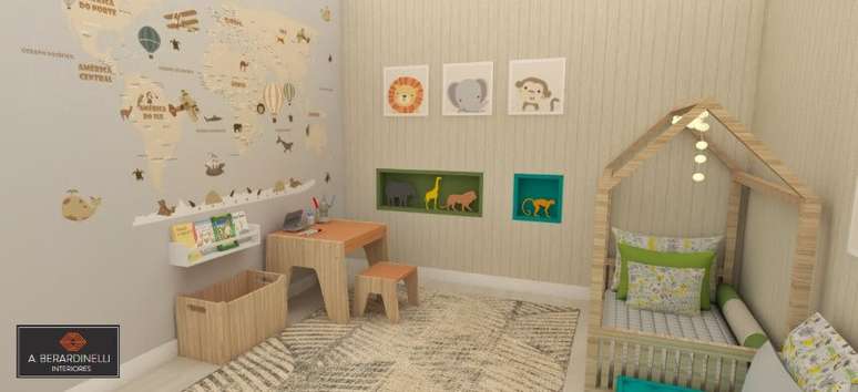 41. Neste quarto montessoriano, os móveis também são baixos, adaptados para crianças. Projeto de A Berardinelli Interiores