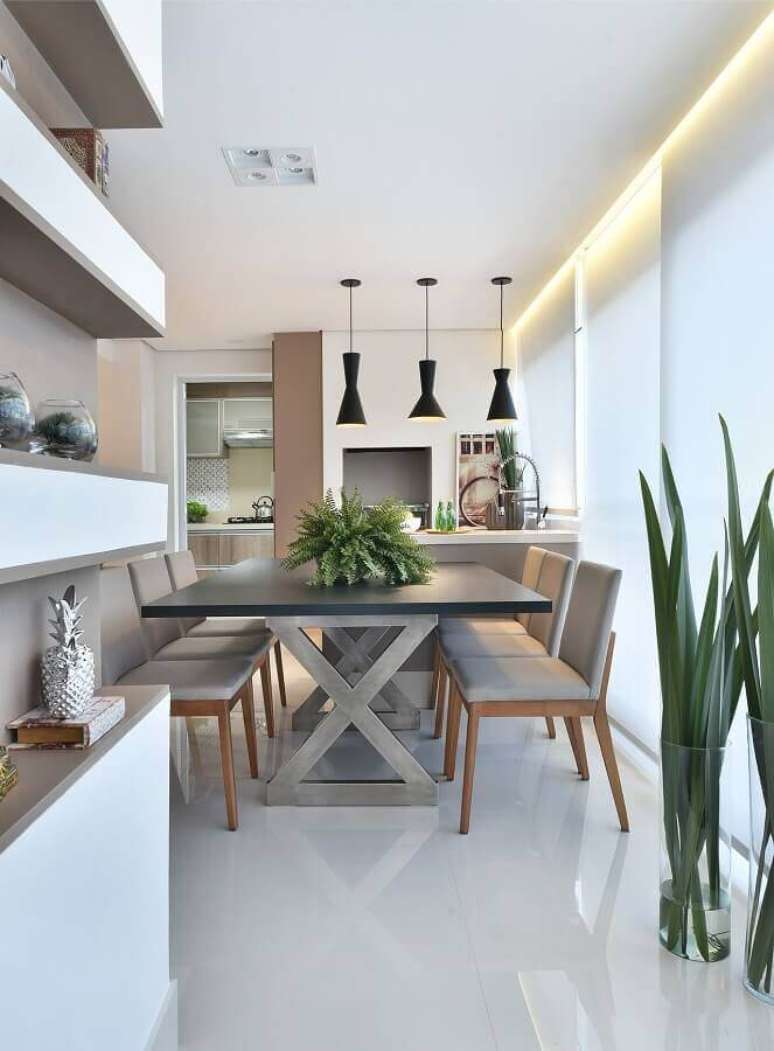 43. Espaço gourmet moderno decorado em tons de cinza com pendentes pretos – Foto; Tetriz Arquitetura e Interiores