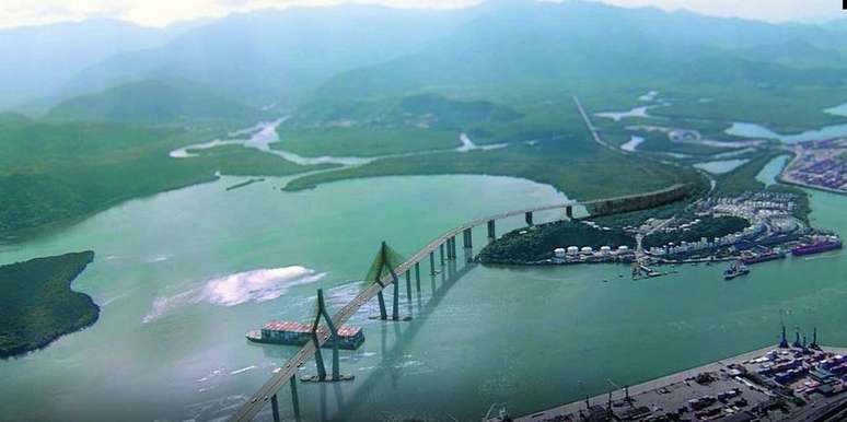 Maquete virtual da ponte projetada para ligar Santos e Guarujá, facilitando também o acesso ao Porto de Santos, no litoral paulista
