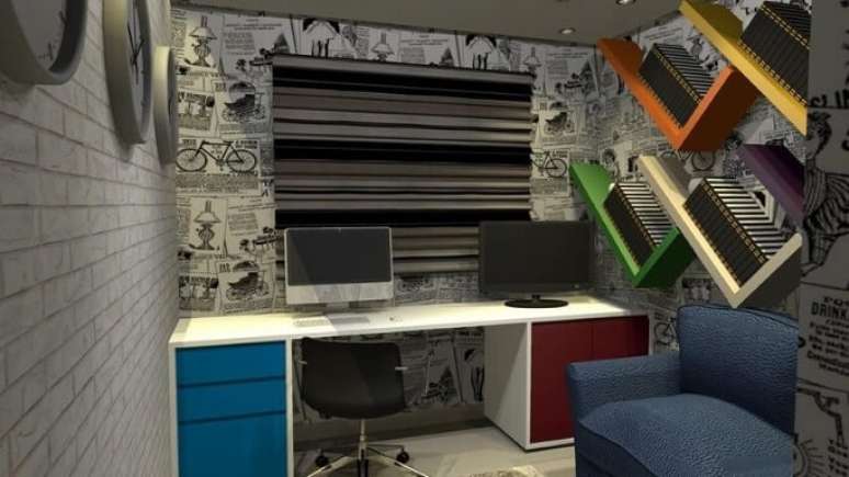 16. Home office com papel de parede 3D de tijolinhos. Projeto de Rafael Cunha