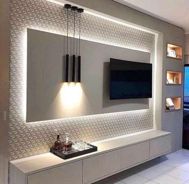 41. Painéis para TV ficam ainda melhor com um papel de parede 3D. Foto: Instagram