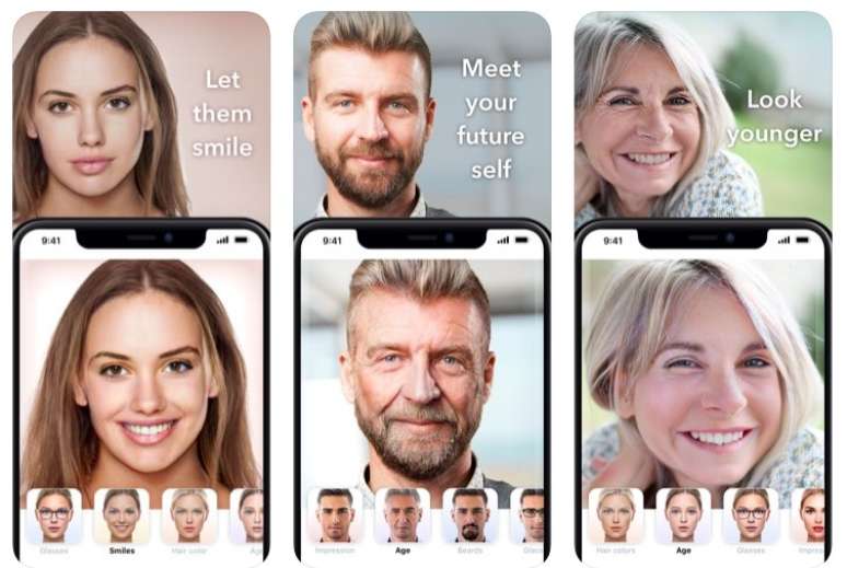 O FaceApp oferece vários filtros para editar o rosto, entre eles o de envelhecimento facial (ao centro)