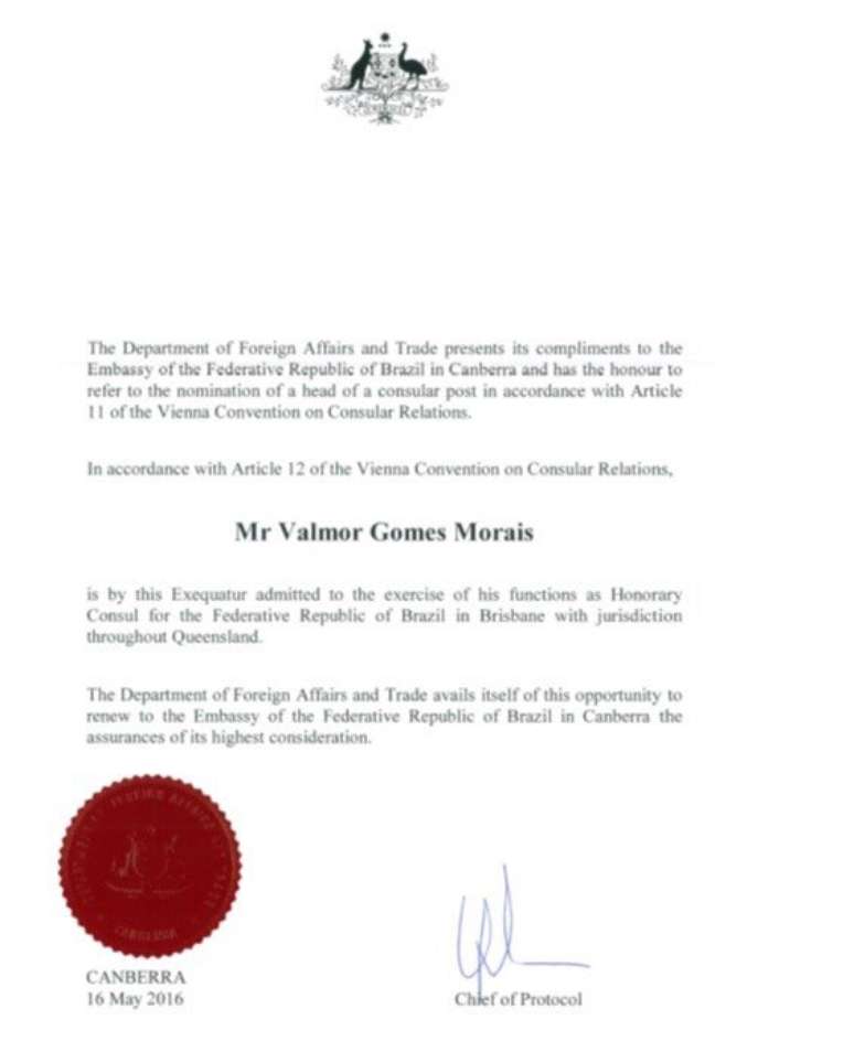 Diploma do ex-cônsul honorário