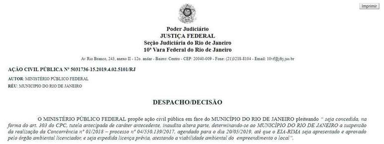 Trecho da decisão da Justiça Federal sobre o autódromo do Rio