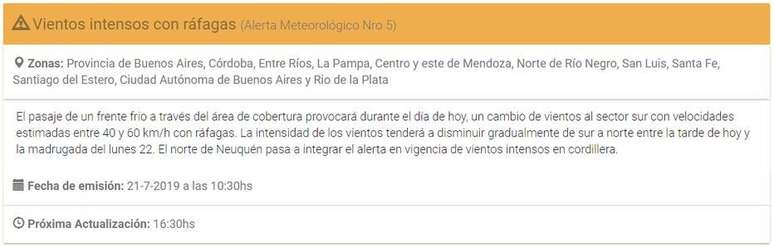 O Servicio Meteorológico Nacional emitiu alerta de ventos fortes na região de Buenos Aires e Mendoza para o dia todo na Argentina