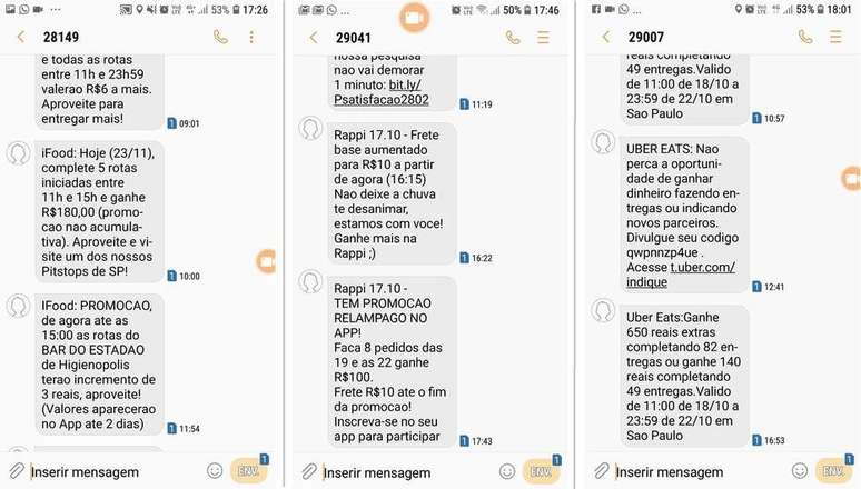 Imagens de telas de celular com mensagem de bônus para motociclistas