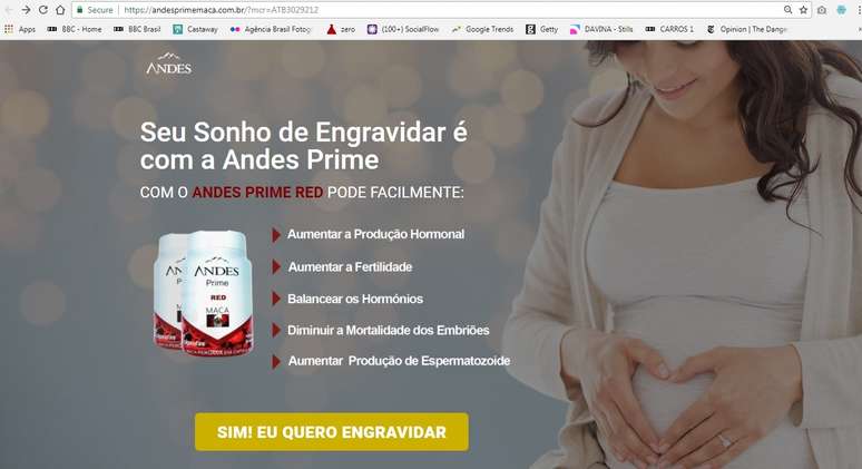 Bot&otilde;es como "sim eu quero engravidar" e "quero reverter minha infertilidade" levam a p&aacute;ginas de vendas em alguns sites
