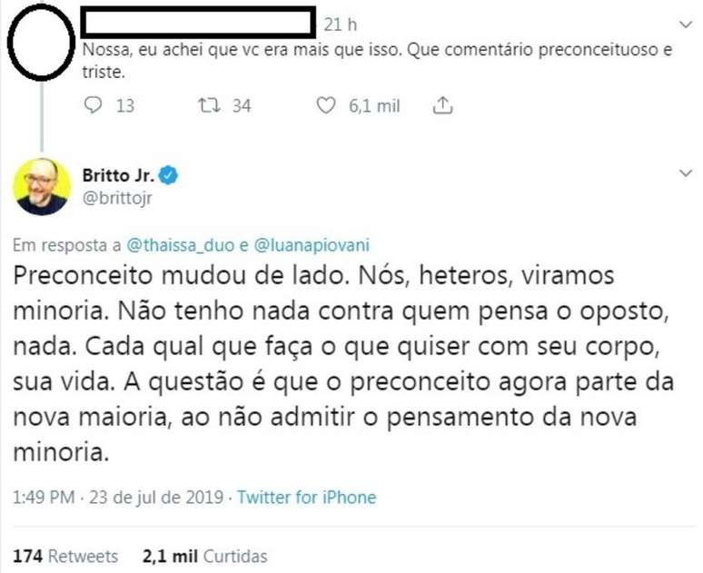 Britto Júnior rebateu a crítica de uma internauta, cuja identidade foi preservada.