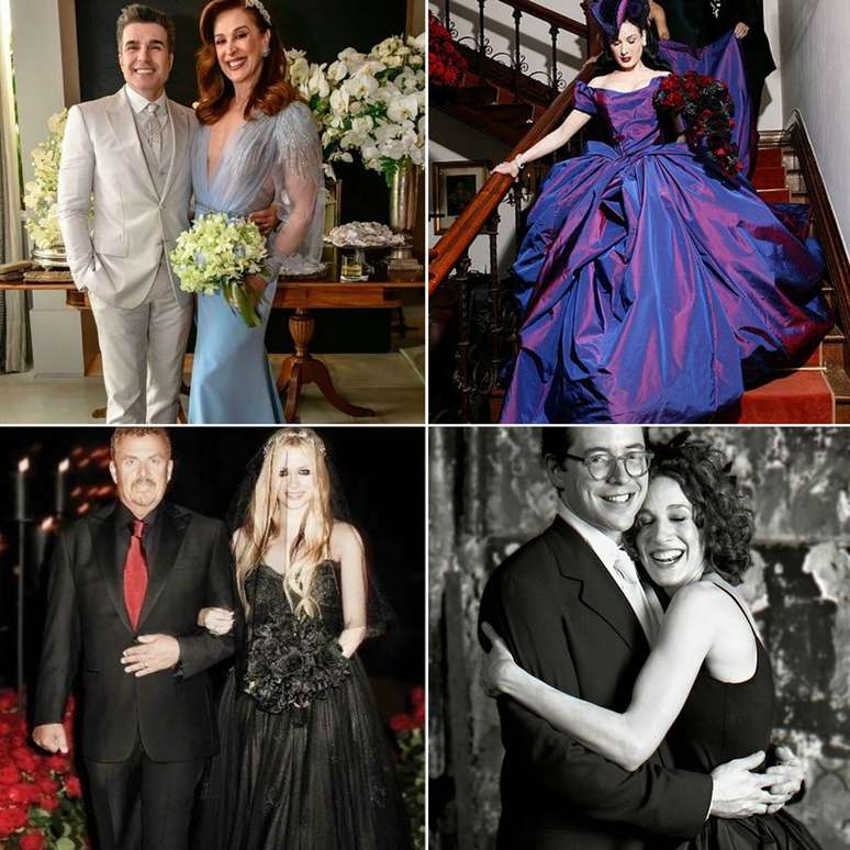 Várias famosas se casaram com vestido colorido: Claudia Raia usou azul, Dita Von Teese optou pelo roxo, Avril Lavigne e Sarah Jessica Parker preferiram preto