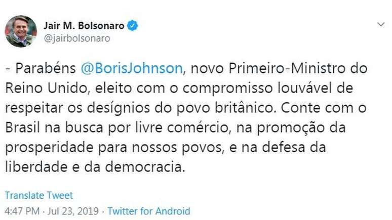 Bolsonaro escreveu tuite entusiasmado após vitória de Boris Johnson como líder do Partido Conservador