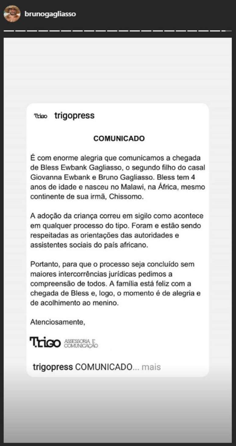 Comunicado de ado&ccedil;&atilde;o de&nbsp;Bruno Gagliasso e Giovanna Ewbank