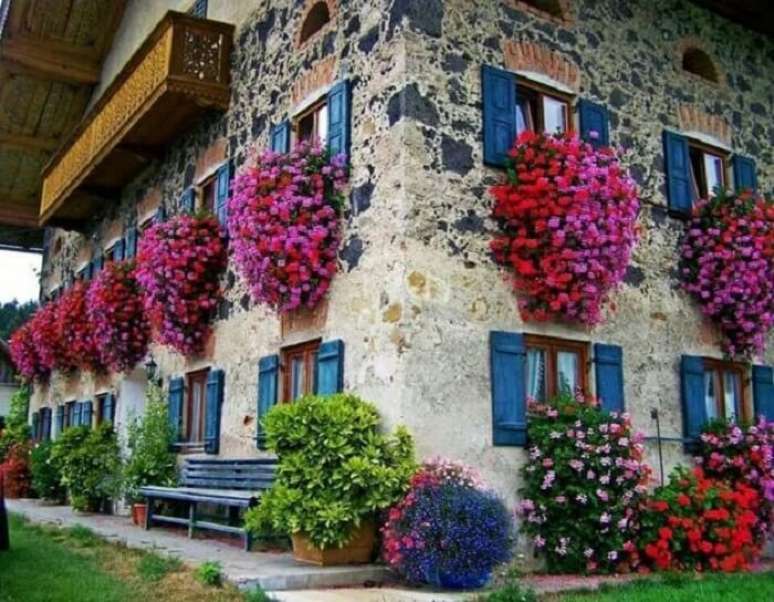 61. Petúnias encantam a decoração da fachada desta casa. Fonte: Lushome