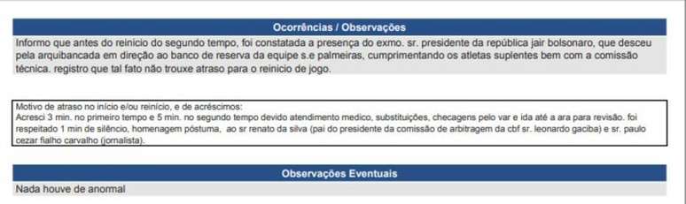 Súmula da partida registra presença de Bolsonaro no gramado