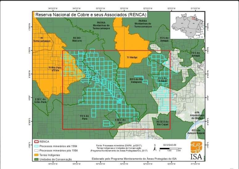 Mapa mostra sobreposi&ccedil;&atilde;o entre a Renca e unidades de conserva&ccedil;&atilde;o, como a Terra Ind&iacute;gena Waj&atilde;pi e a Terra Ind&iacute;gena Paru d'Este