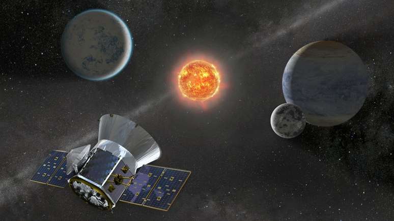 Ilustração do satélite Tess em busca de exoplanetas no espaço; missão deve ir pelo menos até 2022