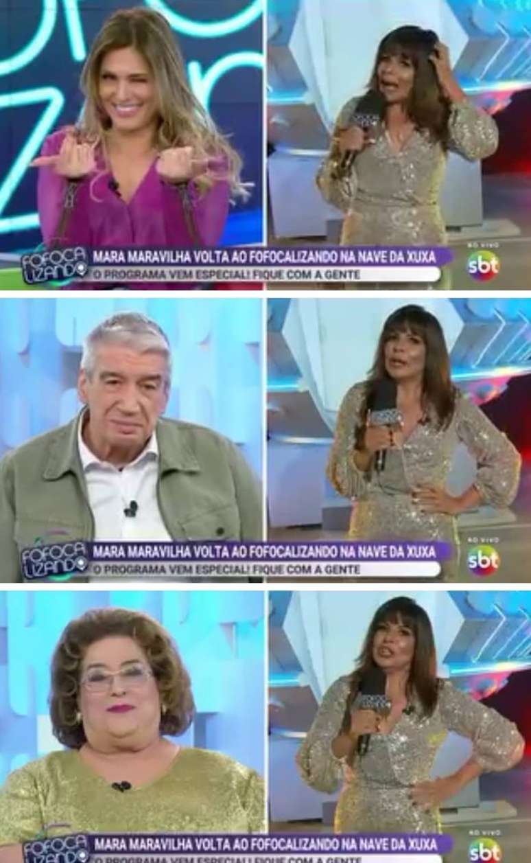 Livia Andrade, D&eacute;cio Piccinini e Mamma Bruschetta durante o retorno de Mara Maravilha ao 'Fofocalizando'