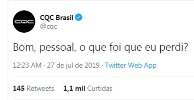 Tuíte publicado pelo Twitter do 'CQC' após o perfil ser hackeado em 2019.