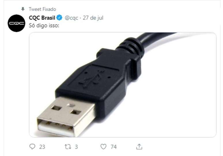 Tuíte publicado pelo Twitter do 'CQC' após o perfil ser hackeado em 2019.