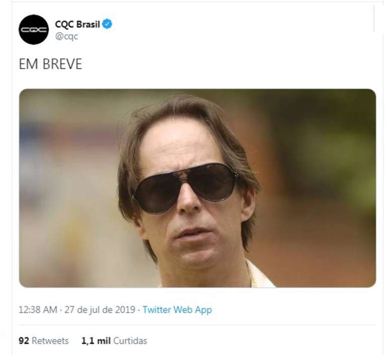 Tuíte publicado pelo Twitter do 'CQC' após o perfil ser hackeado em 2019.