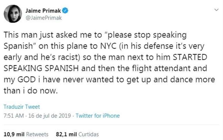 No Twitter, a escritora Jaime Sullivan faz desabafo sobre discriminação durante voo.