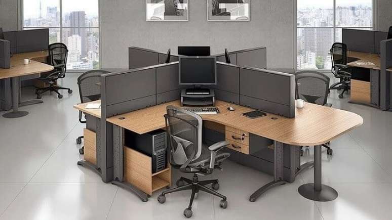 15. Em ambientes com mesa em formato l opte por uma cadeira para escritório giratória e com rodízios. Fonte: Pinterest