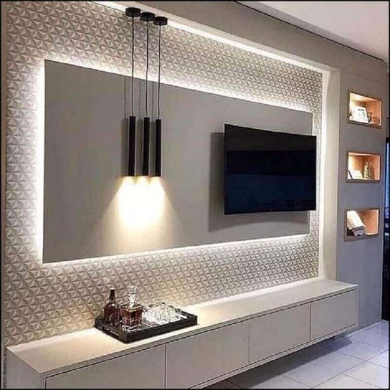 4. Decora&ccedil;&atilde;o moderna com revestimento 3D e rack com painel branco e pendentes minimalistas &ndash; Foto: Pinterest