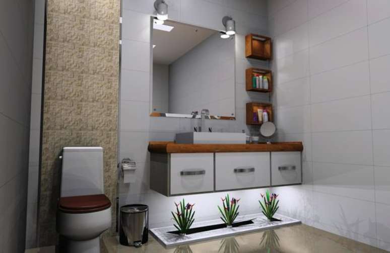 31. Armário de banheiro suspenso permite uma maior facilidade para limpeza