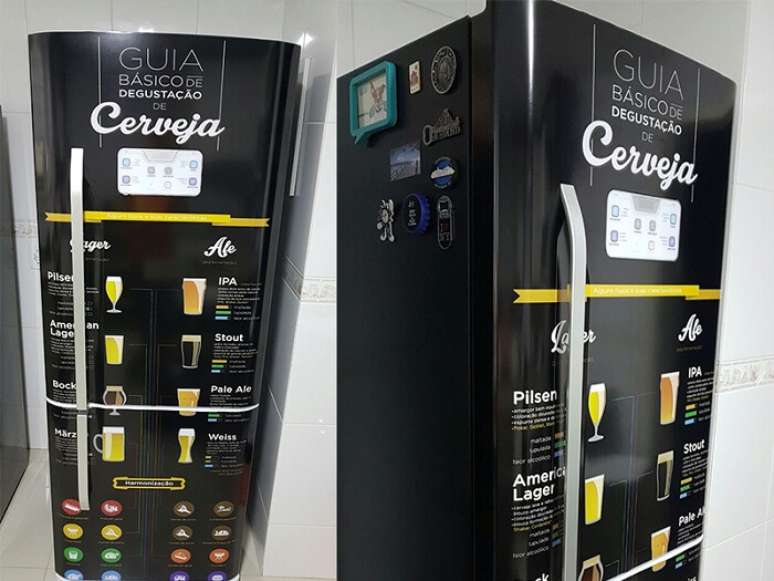 6. Geladeira envelopada preta com informa&ccedil;&otilde;es de cerveja. Fonte: Geladeira Envelopamento
