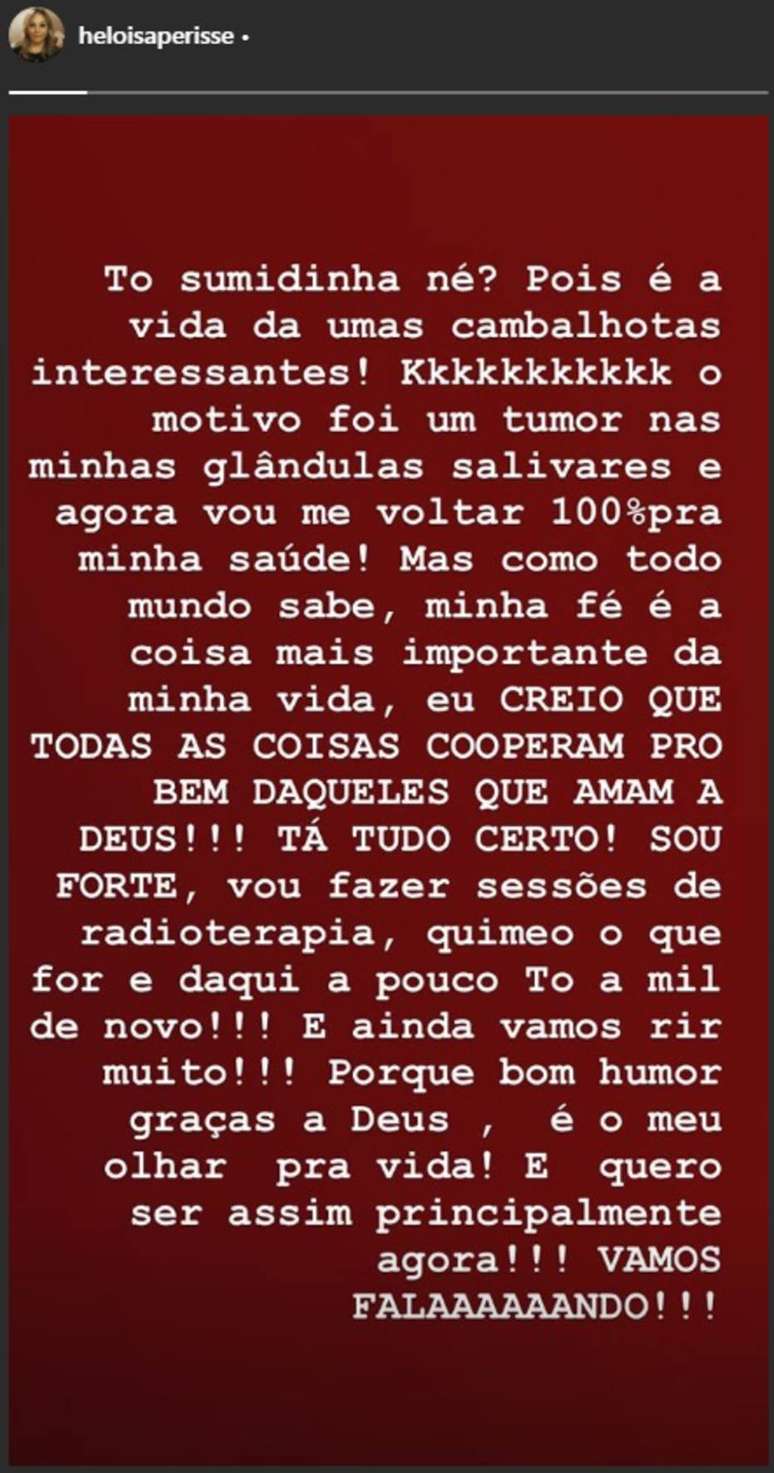 Heloisa Perissé anuncia que está descobriu tumor nas glândulas salivares