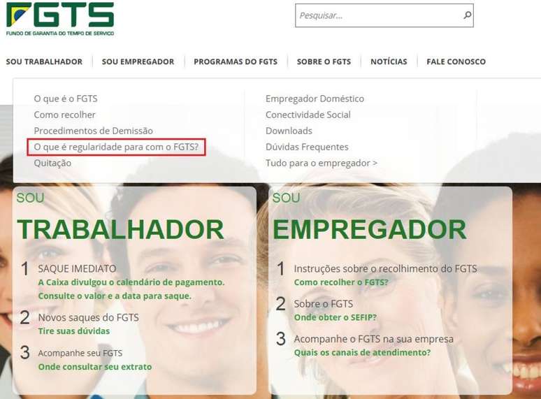 Link "O que &eacute; regularidade para com o FGTS?", para consulta de CRF no site do FGTS