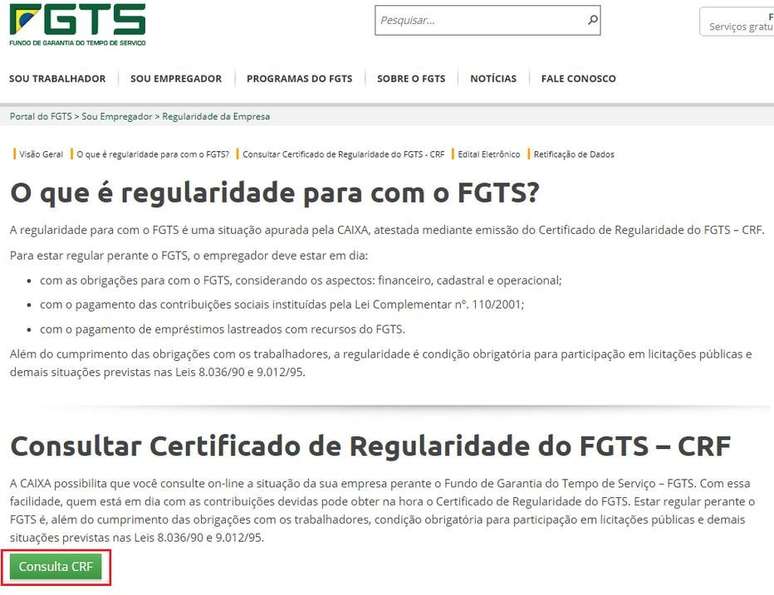Op&ccedil;&atilde;o "Consultar Certificado de Regularidade do FGTS &ndash; CRF" no site do FGTS