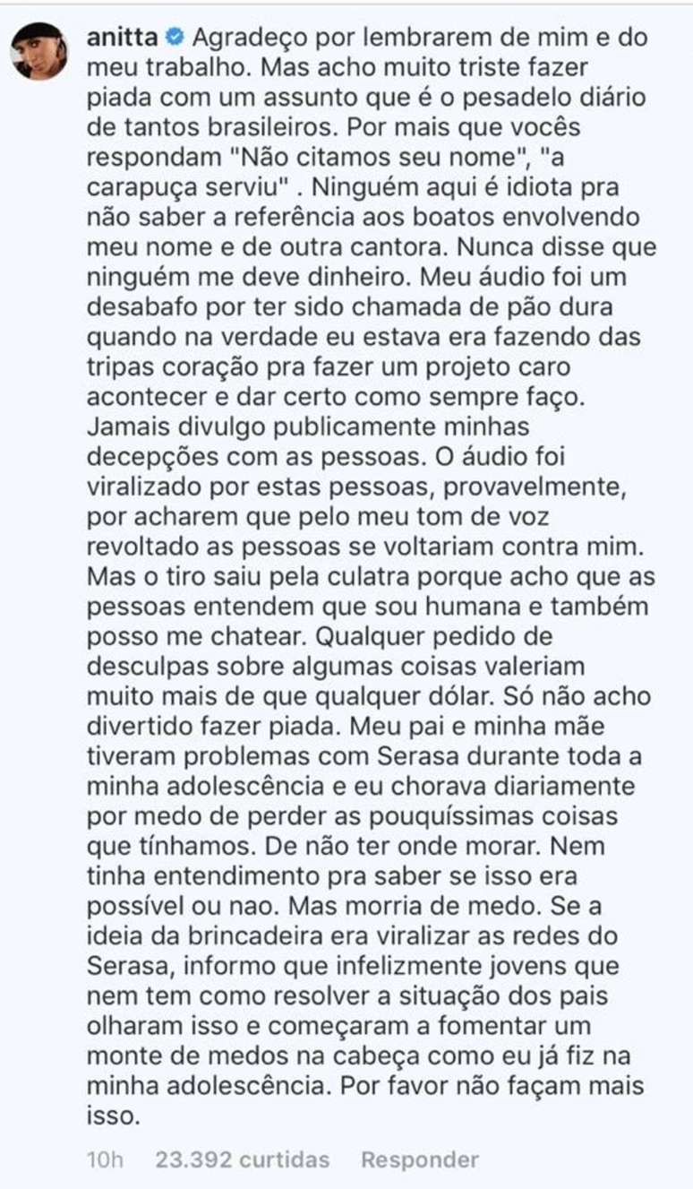 A resposta de&nbsp;Anitta no perfil da Serasa Consumidor no Instagram.