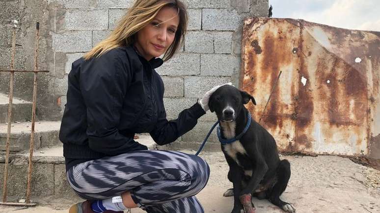 Luisa ao lado de cachorro atropelado e em recuperação; ela destaca algumas mudanças para amenizar efeitos de situações difíceis na saúde mental, como 'profissionalizar' seu instituto