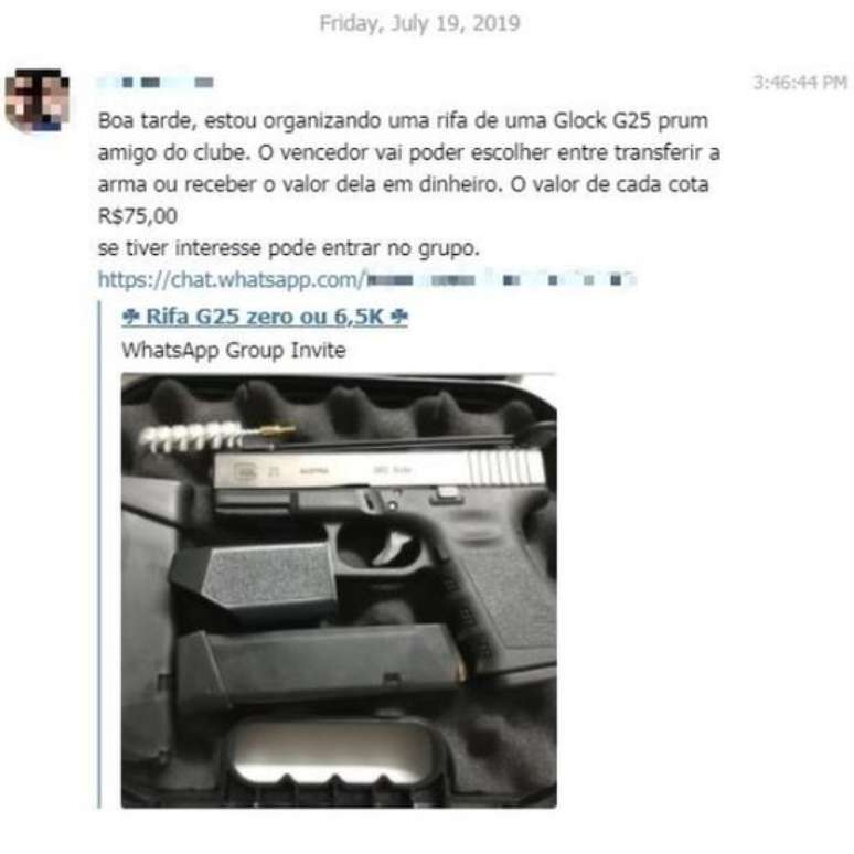 Convite para participar de grupo onde é feita rifa de uma pistola