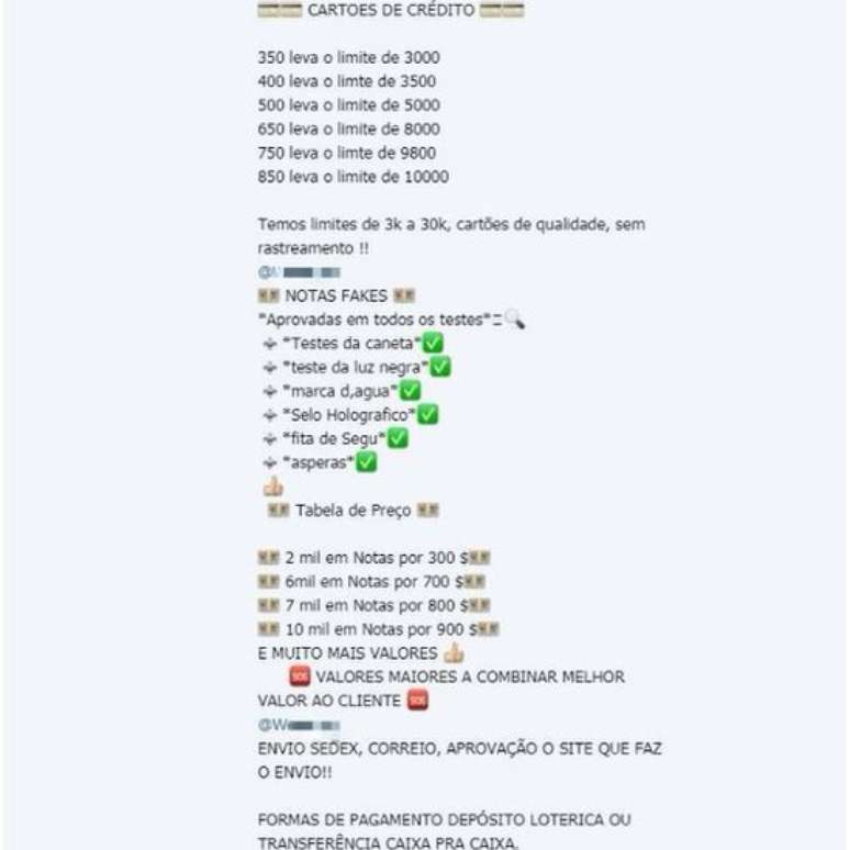 Pessoas negociam cédulas falsas e cartões de crédito em grupos do Telegram