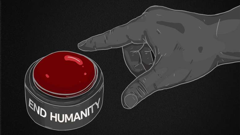 Ilustração: Dedo sobre grande botão vermelho com os dizeres 'Fim da humanidade'