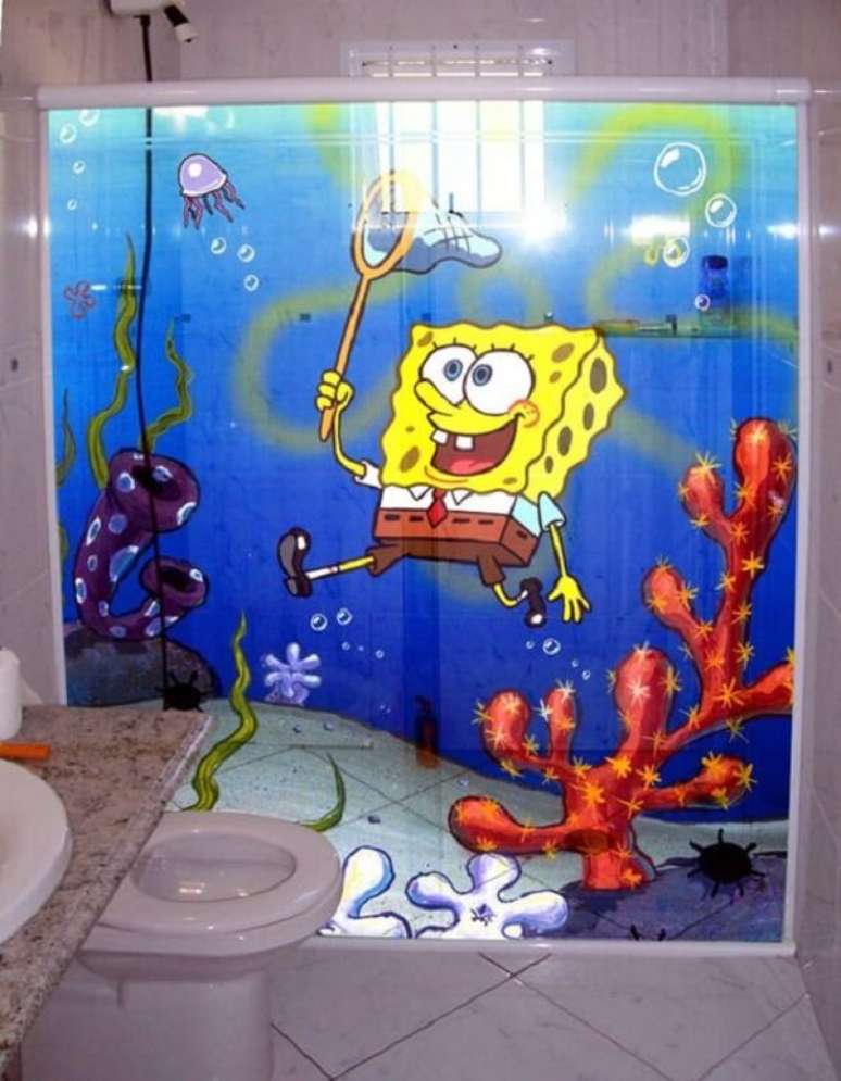28. Adesivo para box de banheiro com tem&aacute;tico de Bob Esponja. Fonte: Pinterest