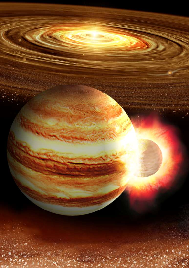 Ilustração representa a colisão de Júpiter com um protoplaneta 
14/08/2019
Cortesia de Kyosuke Suda e Yuki Akimoto/Mabuchi Design Office, Centro de Astrobiologia, Japão/Divulgação via REUTERS