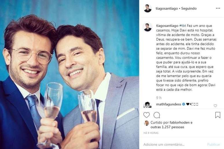 Publicação de novelista Tiago Santiago no Instagram sobre ex-marido, que continua internado. 