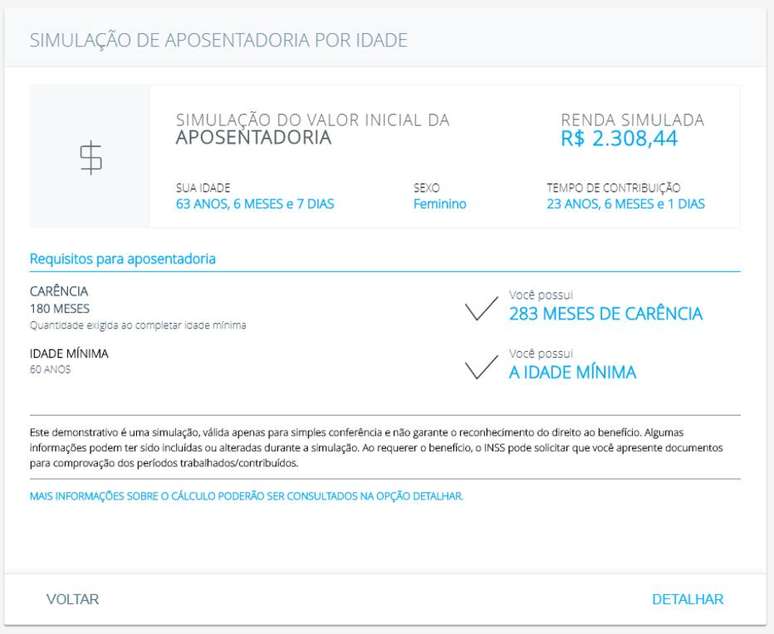 Resultado da simula&ccedil;&atilde;o de aposentadoria pelo Meu INSS