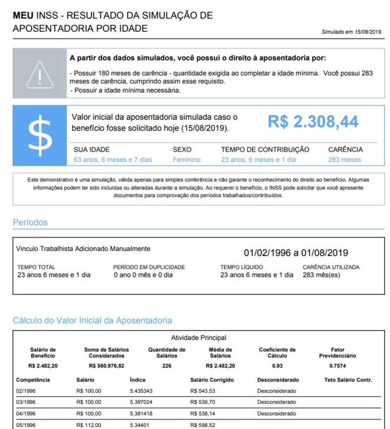 Extrato detalhado de simula&ccedil;&atilde;o de aposentadoria pelo Meu INSS