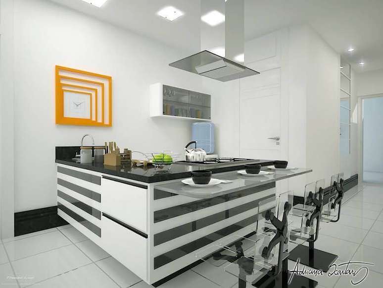 26. Bancada para cozinha americana preta e branca &ndash; Foto: Thiago Luz