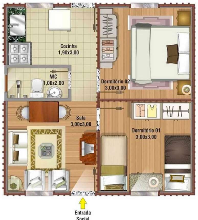 8. Modelo de planta de casa pequena com dois quartos