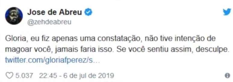 O ator Zé de Abreu pede desculpas para Gloria Perez após comentário no Twitter.