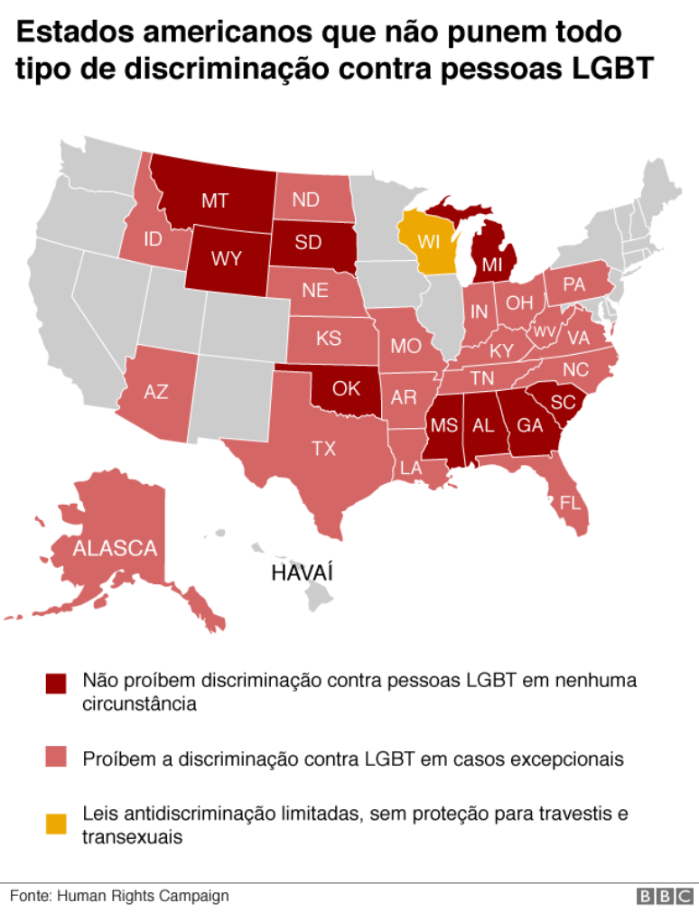 mapa com estados que n&atilde;o punem discrimina&ccedil;&atilde;o nos EUA