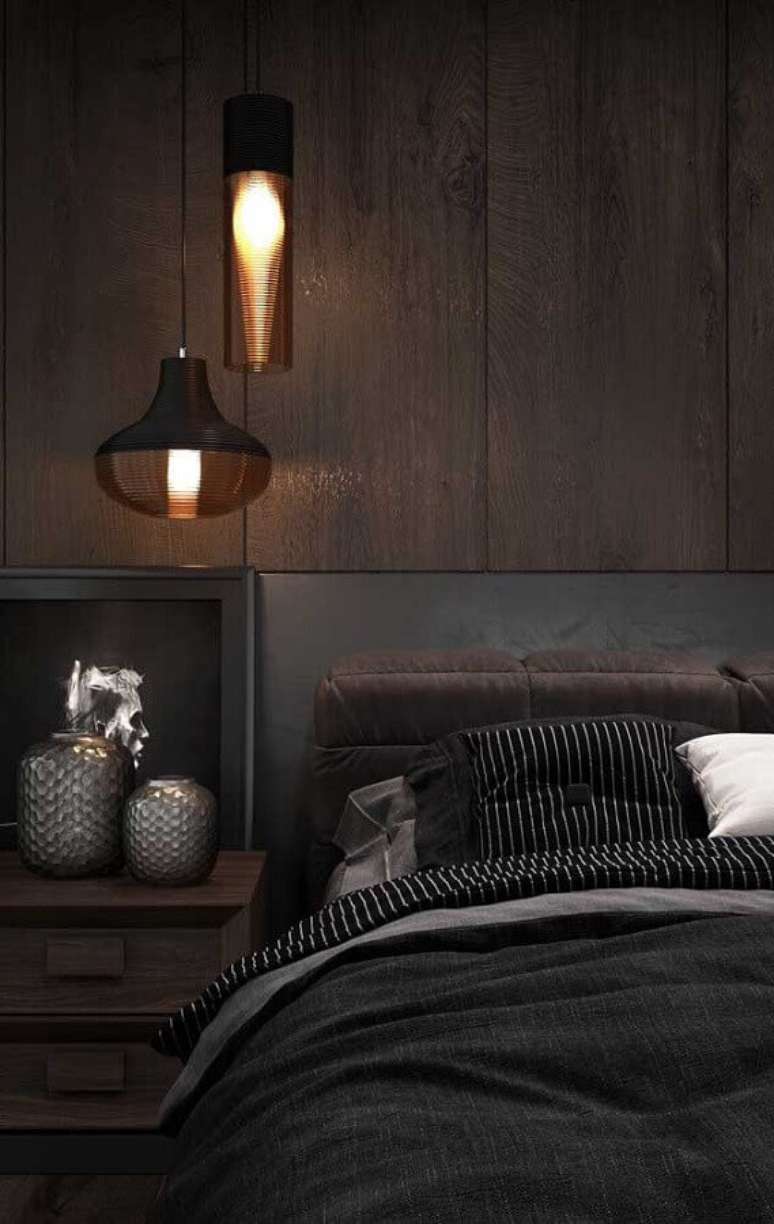 12. Decora&ccedil;&atilde;o com lumin&aacute;ria pendente para quarto preto &ndash; Foto: Pinterest