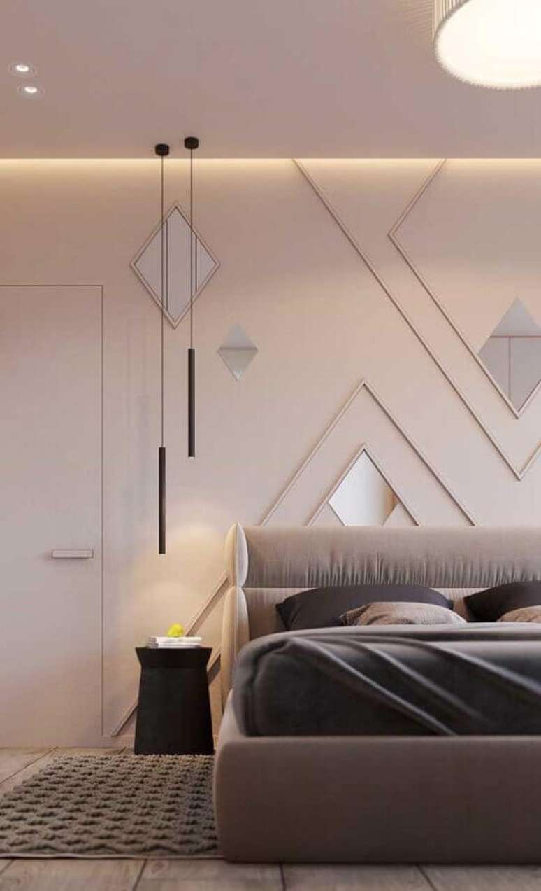 17. Decoração com modelo minimalista de luminária pendente para quarto decorado em tons neutros – Foto: Ideias Decor