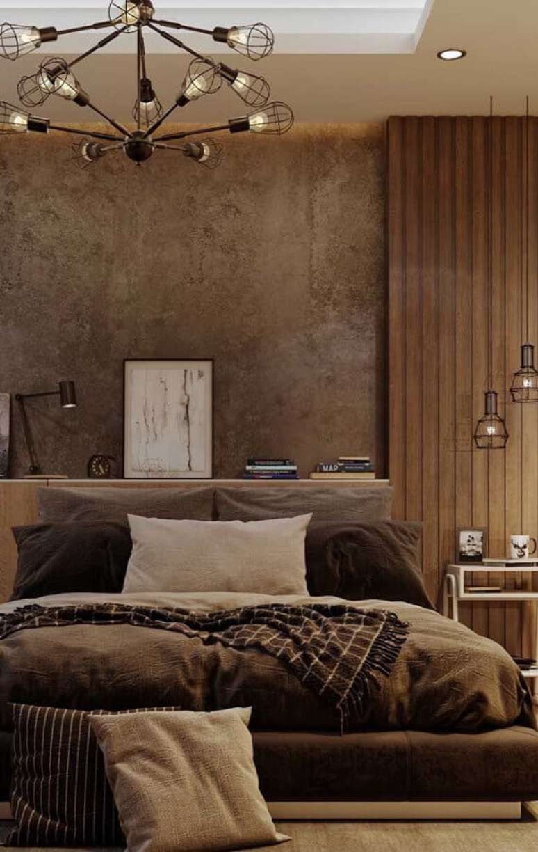 42. Pendente minimalista para quarto decorado em tons de marrom – Foto: Mauricio Gebara Arquitetura