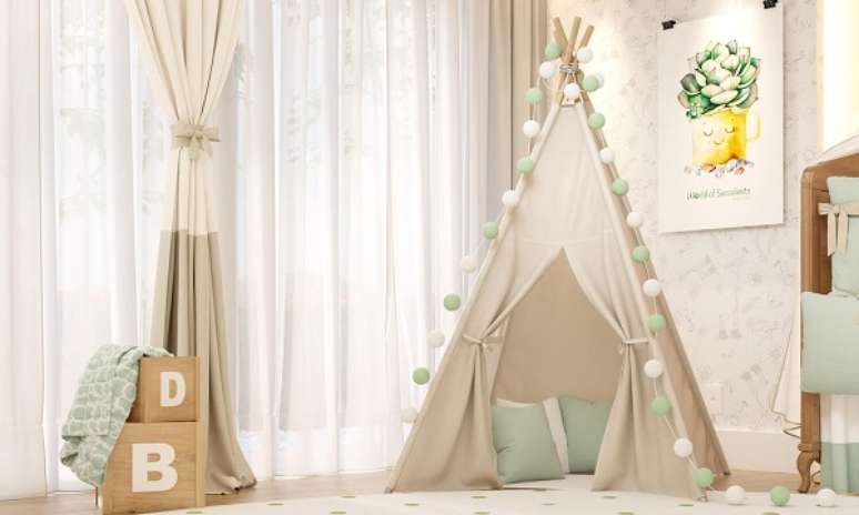 23. Cabaninha infantil em tom nude e com bolinhas em branco e verde. Fonte: Ficas Gr&aacute;vida