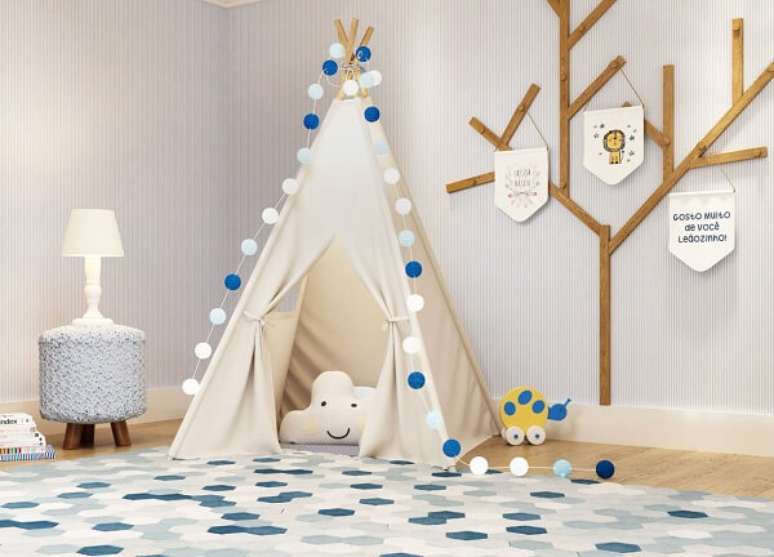 38. Cabaninha infantil em tom neutro com bolinhas nas cores axul e branca. Fonte: Blog Gr&atilde;o de Gente